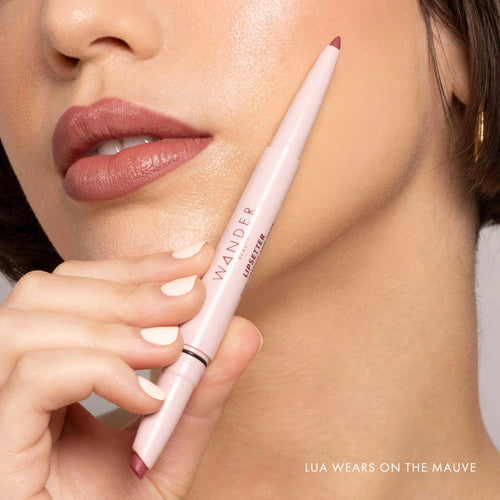 Lipsetter dual lipstick and liner model wearing shade on the mauve