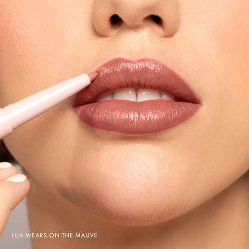 Lipsetter dual lipstick and liner model Lua wearing On the mauve