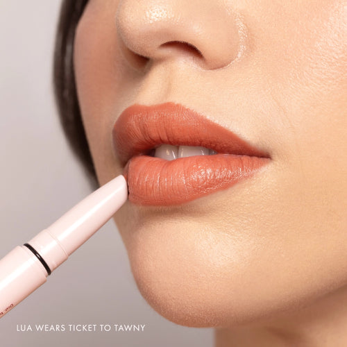 Lipsetter dual lipstick and liner model Lua wearing ticket to tawny