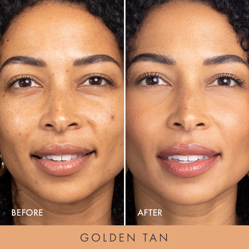 Before and after photo of model's face using Wander Beauty golden tan Nude Illusion Liquid Foundation