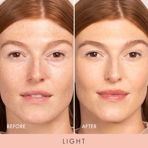 Before and after photo of model's face using Wander Beauty Light Nude Illusion Liquid Foundation