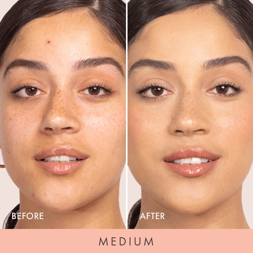 Before and after photo of model's face using Wander Beauty Medium Nude Illusion Liquid Foundation