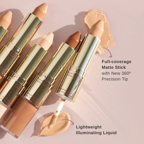 Dualist Matte and Illuminating concealer with arrows pointing out Full coverage matte stick with new 360 degree precision tip and lightweight illuminating liquid