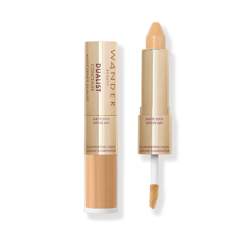 Wander Beauty Medium Dualist Matte and Illuminating Concealer showing both stick and liquid applicator ends