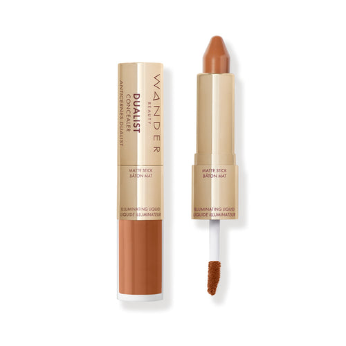 Wander Beauty Rich Deep Dualist Matte and Illuminating Concealer showing both stick and liquid applicator ends