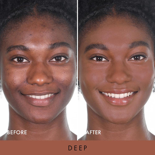 before and after of model wearing wanderlust powder foundation