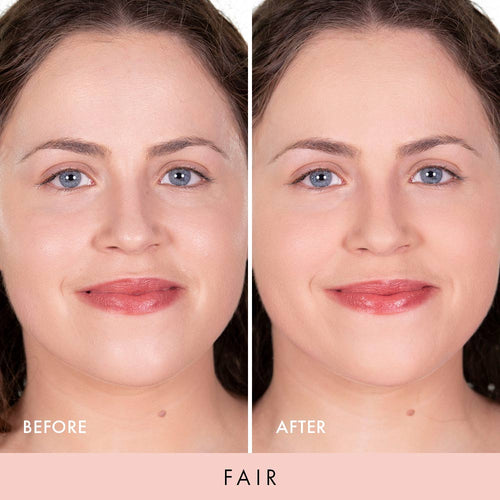 A before and after photo comparing a lady's face close up wearing the fair Wander Beauty Wanderlust Powder Foundation