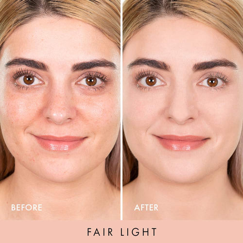 Before and after of the model's face using the fair light Wanderlust Powder Foundation