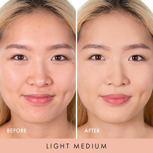 before and after of model wearing wanderlust powder foundation