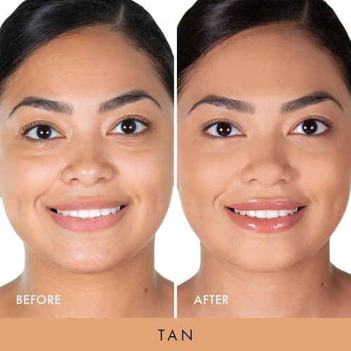 before and after of model wearing wanderlust powder foundation